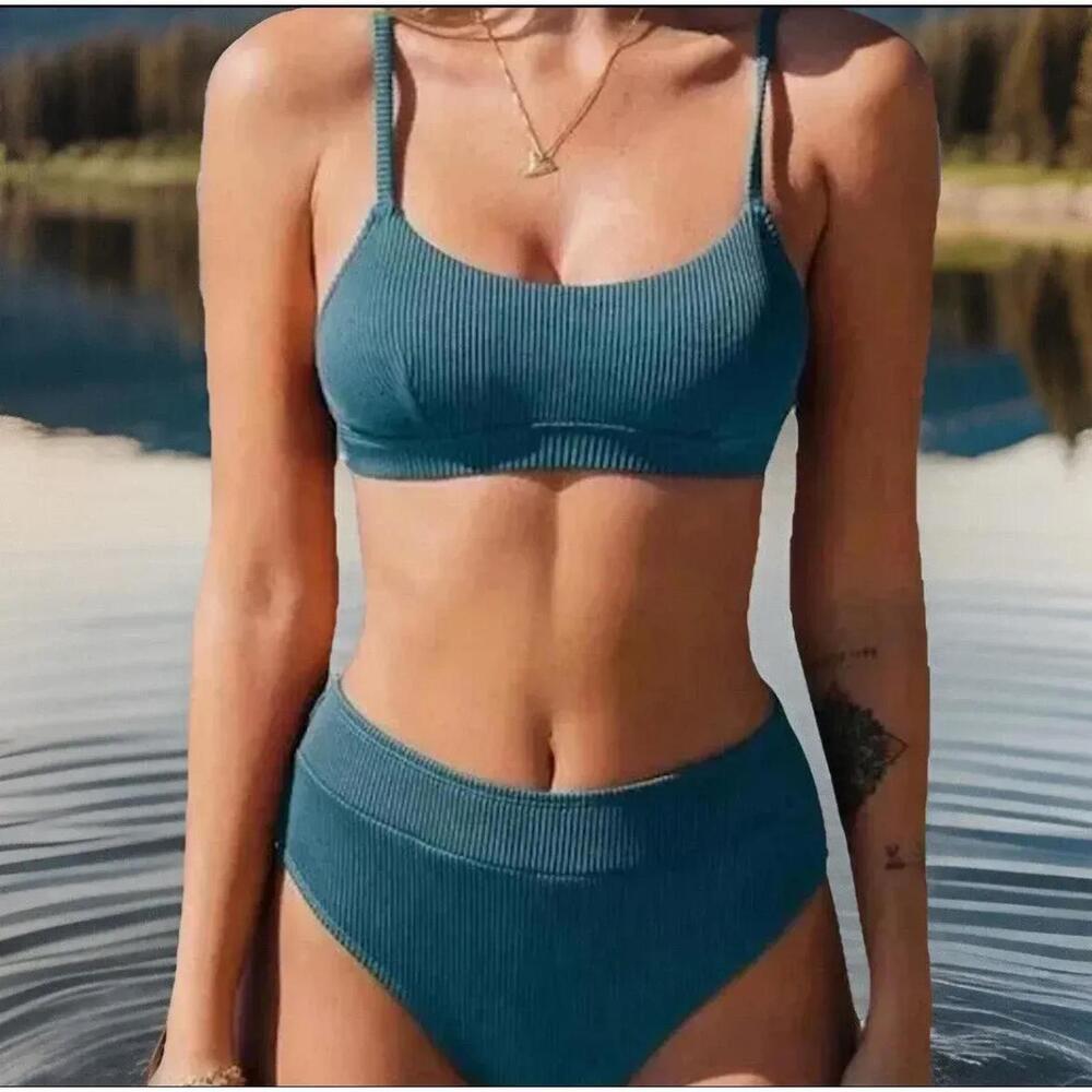 NWT Cupshe Ribbed Bikini Adjustable Straps‎ High-Waisted Bottoms - Size Small